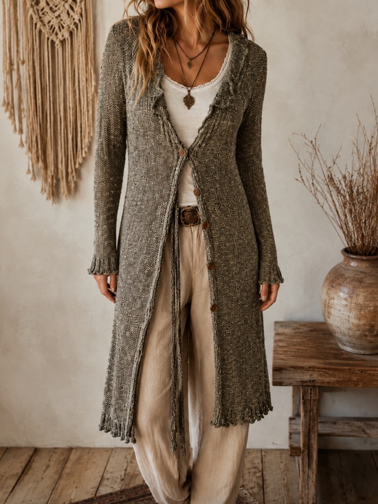 BCBGMaxAzria Sweaters - BCBGMaxAzria Olive Longline Fringed Button Cardigan